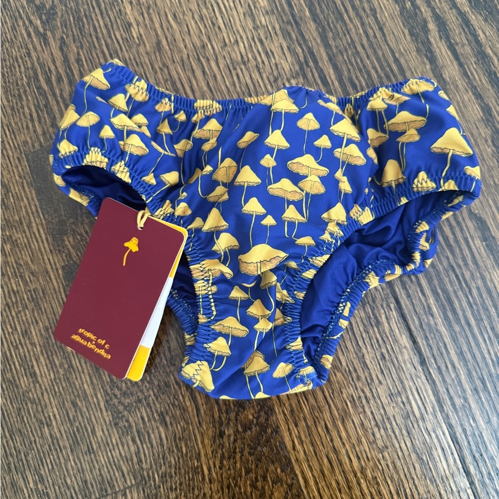 Agua Bendita Blue and Yellow Mushroom Print Kids Swim Bottoms 9-12 m Ella Navy